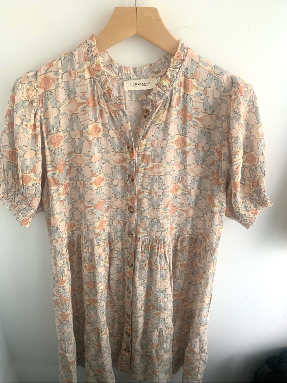 Smocked Cuff Peach & Pale Blue Floral Midi Dress by